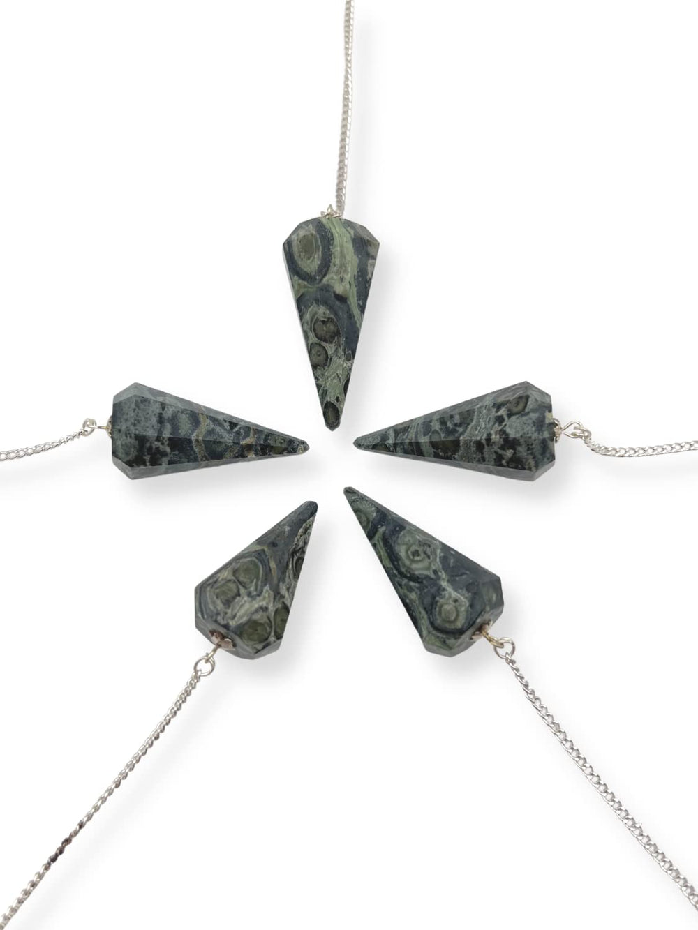 Wholesale Gem Shop Kambaba Jasper Pendulum hexagonal point concentrates energy during sessions.