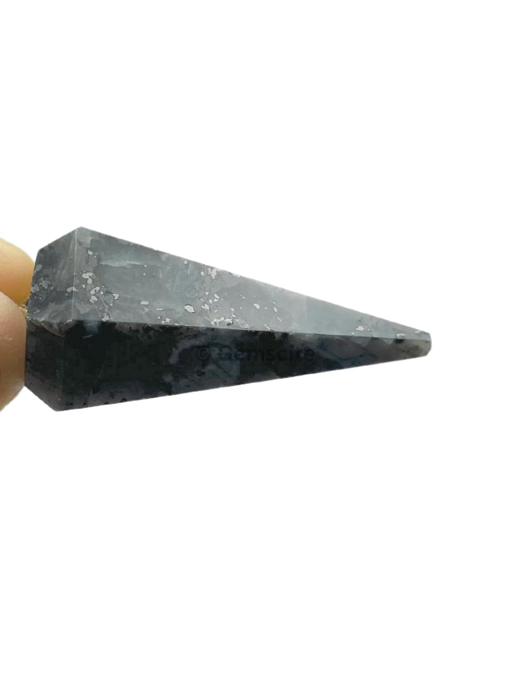 Wholesale Gem Shop larvikite pendulum closeup shows shimmering facets for intuitive dowsing