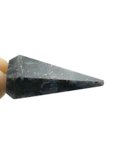 Wholesale Gem Shop larvikite pendulum closeup shows shimmering facets for intuitive dowsing