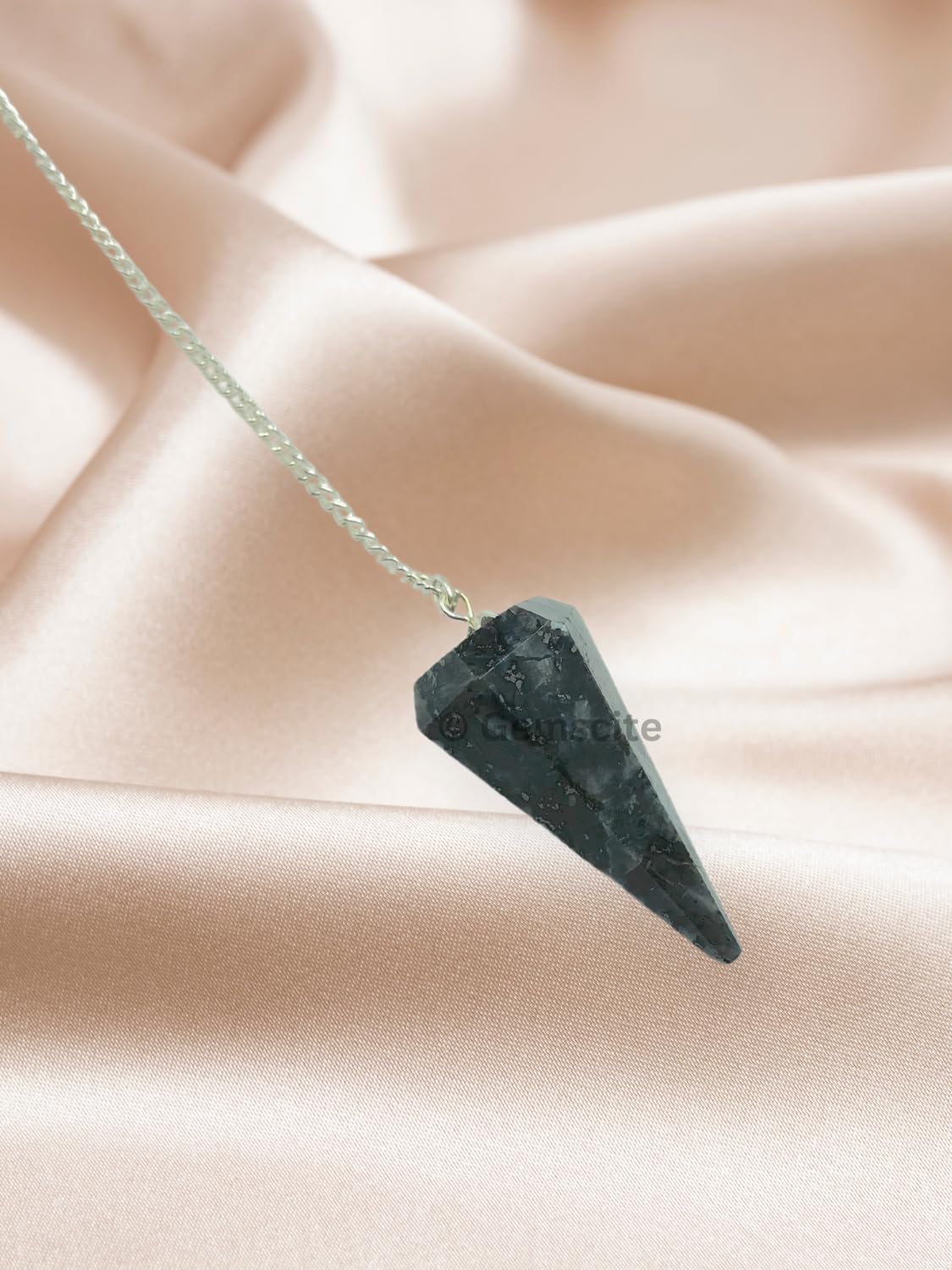 Wholesale Gem Shop larvikite pendulum with gem flare highlighting natural shimmer