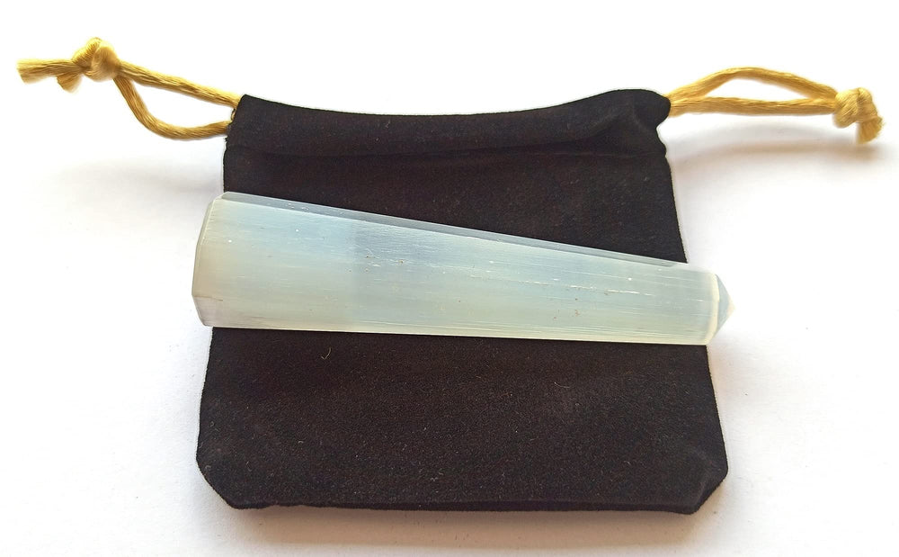 Wholesale Gem Shop selenite obelisk 70mm mid-section shows layered clarity for mindful focus.