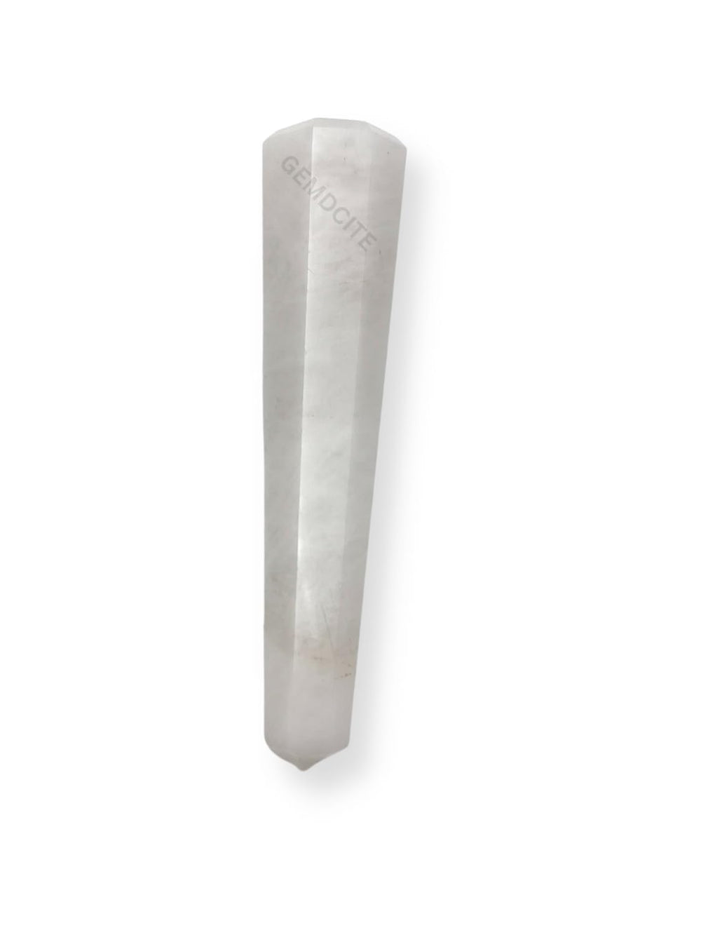 WholesaleGemShop Snow Quartz Obelisk 70mm angled shot reveals multi-faceted surfaces