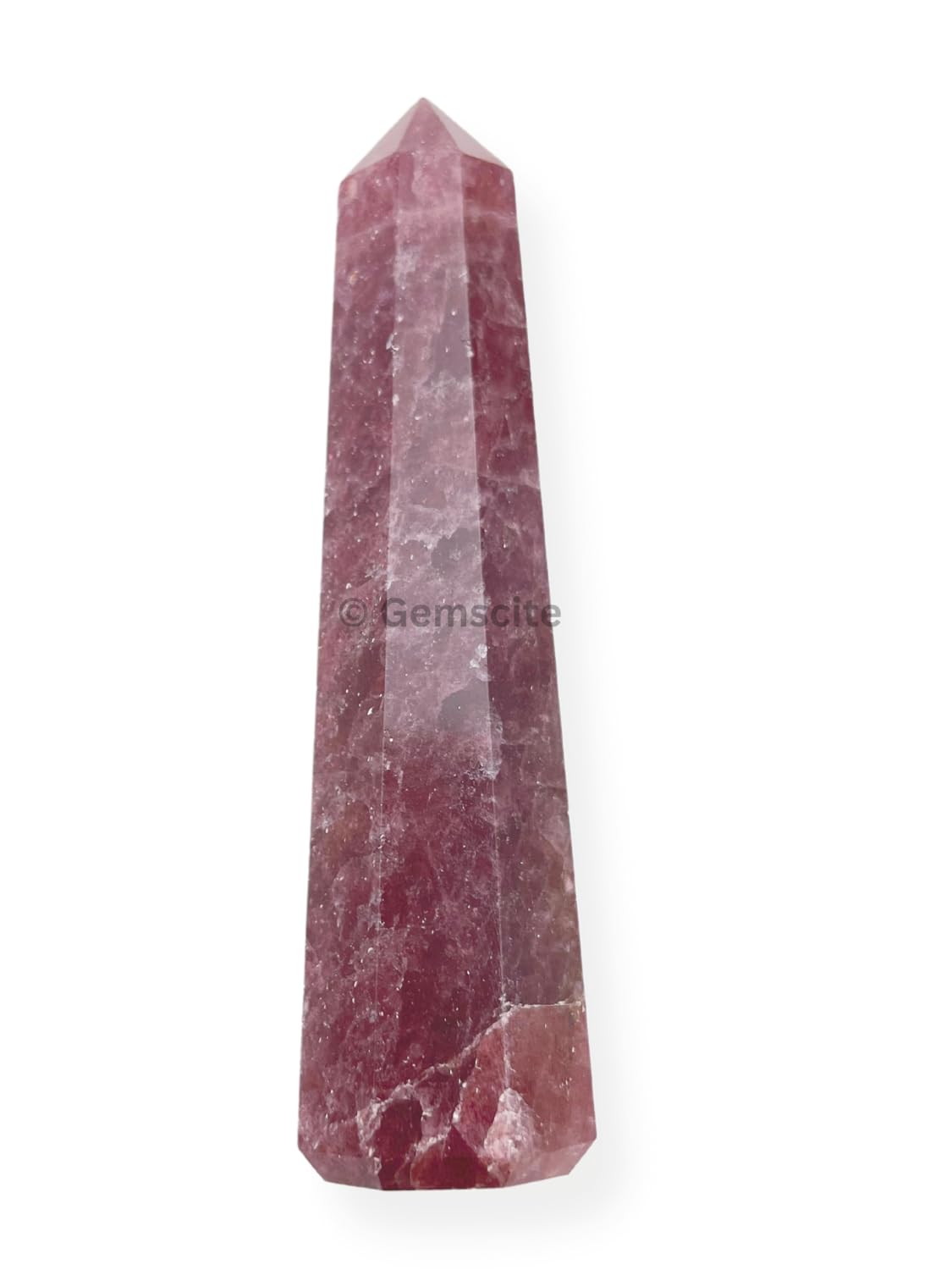 WholesaleGemShop Strawberry Quartz Obelisk side angle shows pink hues for altar setup