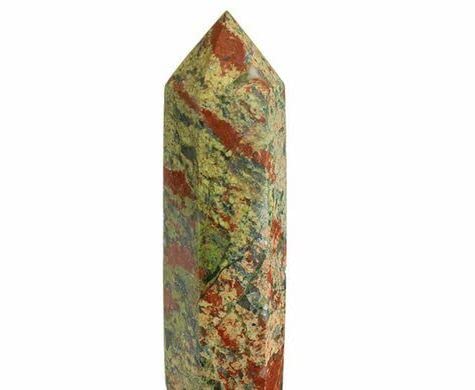 WholesaleGemShop Unakite Obelisk Tower 3 inch closeup reveals natural color patterns for mindful energy