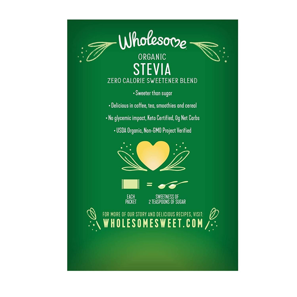 Wholesome Stevia sachets ready to sweeten coffee or tea.