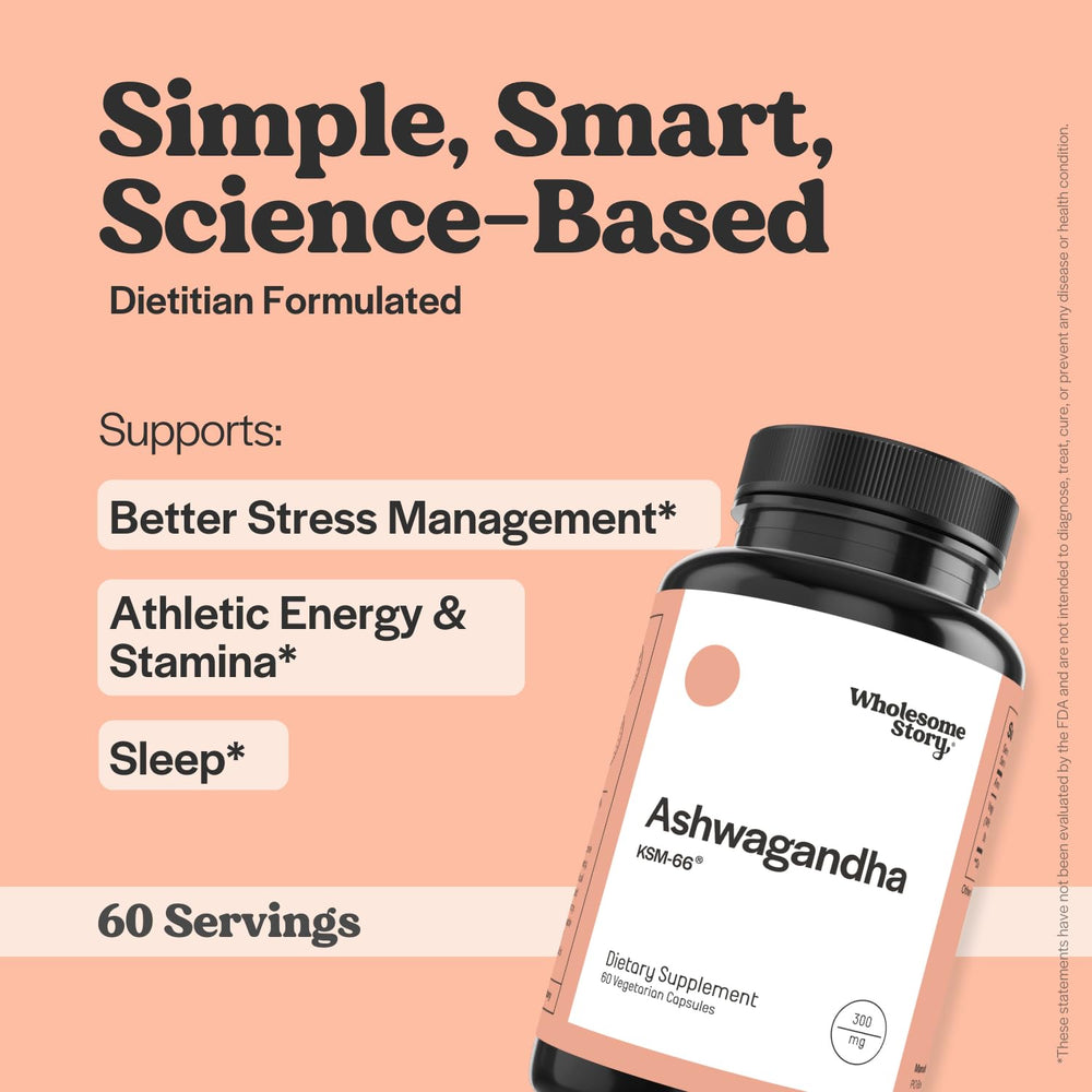 Close-up of Wholesome Story Ashwagandha label highlighting 300mg potency.