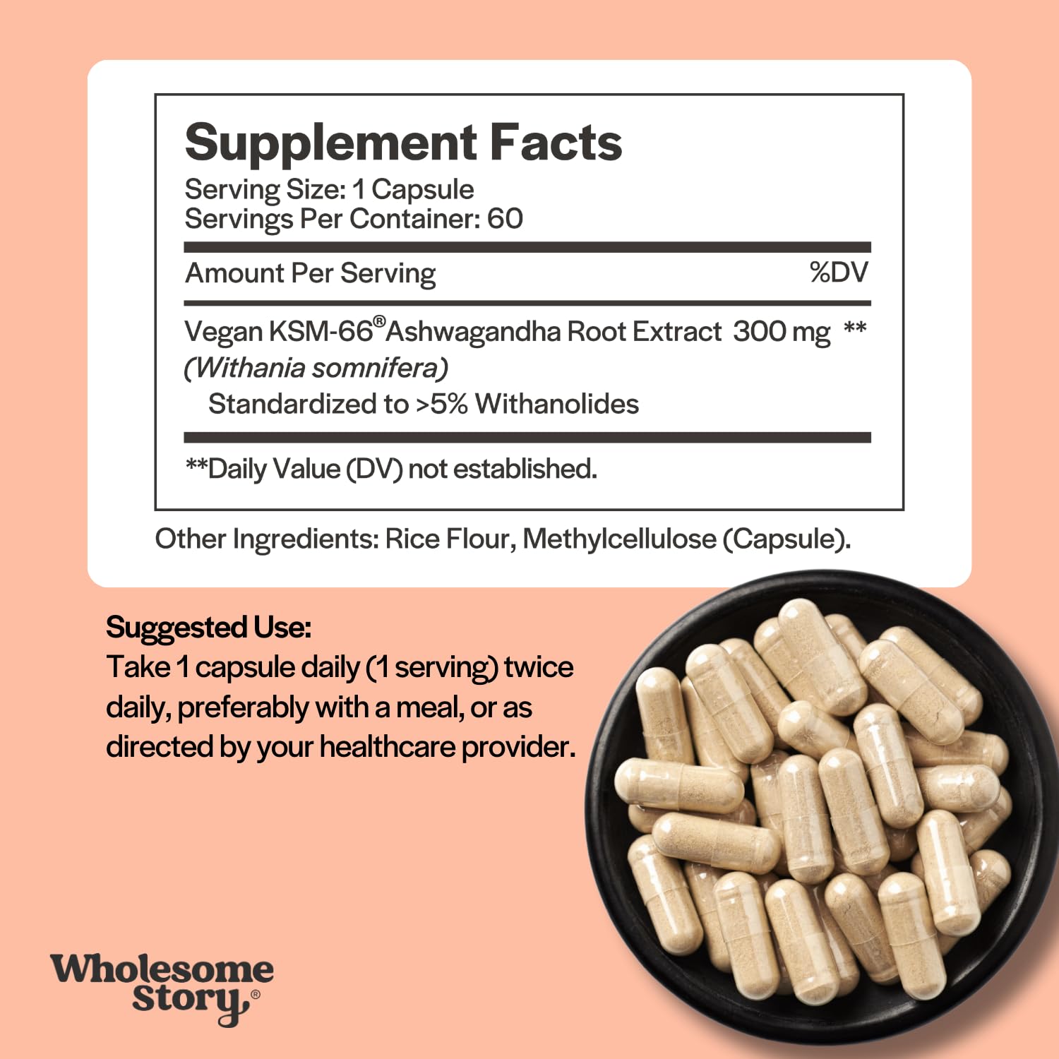 Wholesome Story Ashwagandha capsules being poured for a simple daily routine.