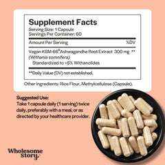 Wholesome Story Ashwagandha capsules being poured for a simple daily routine.