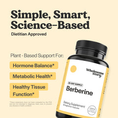 Wholesome Story Berberine capsules close-up highlighting vegan, dye-free formula.