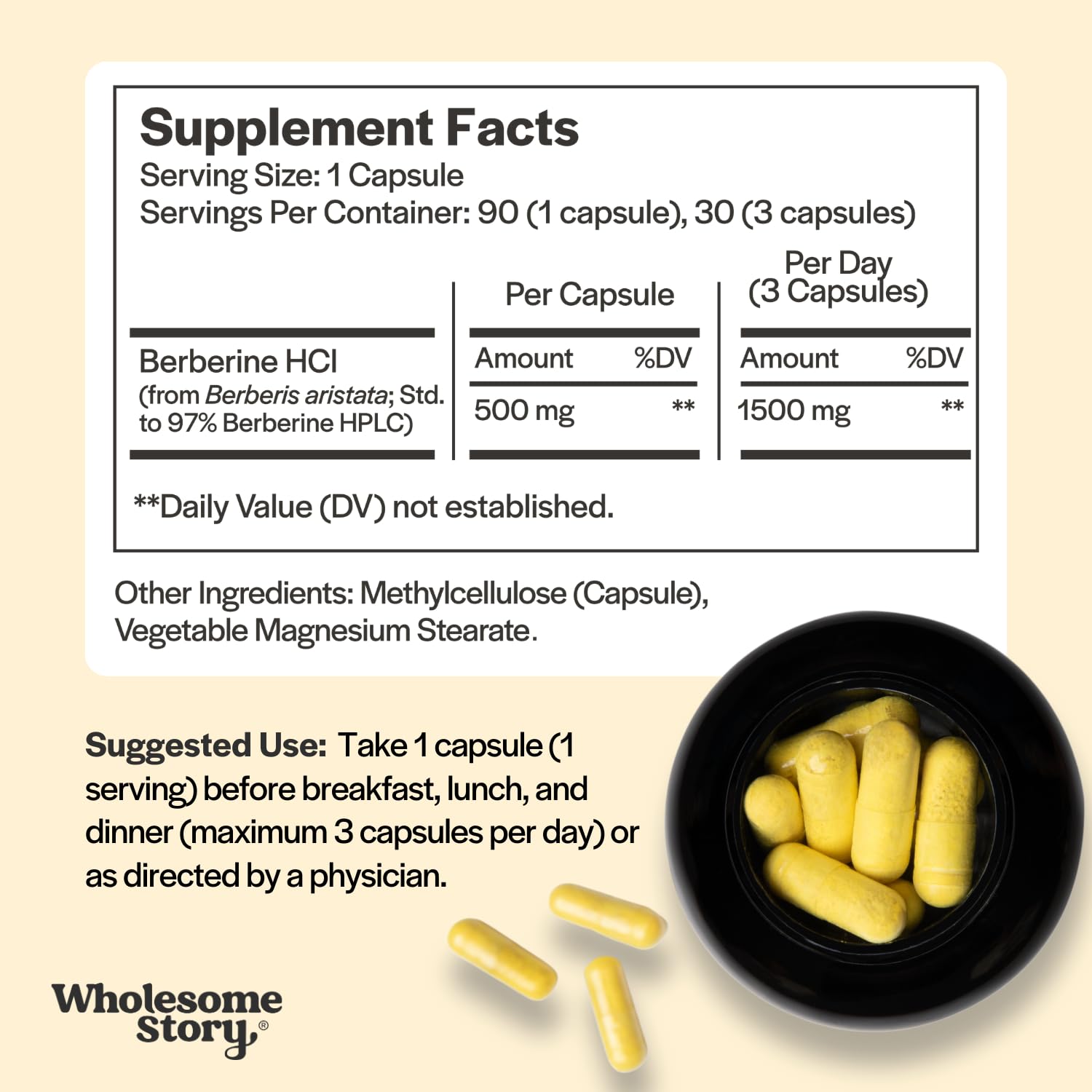 Wholesome Story Berberine label close-up emphasizes 97% purity standard.