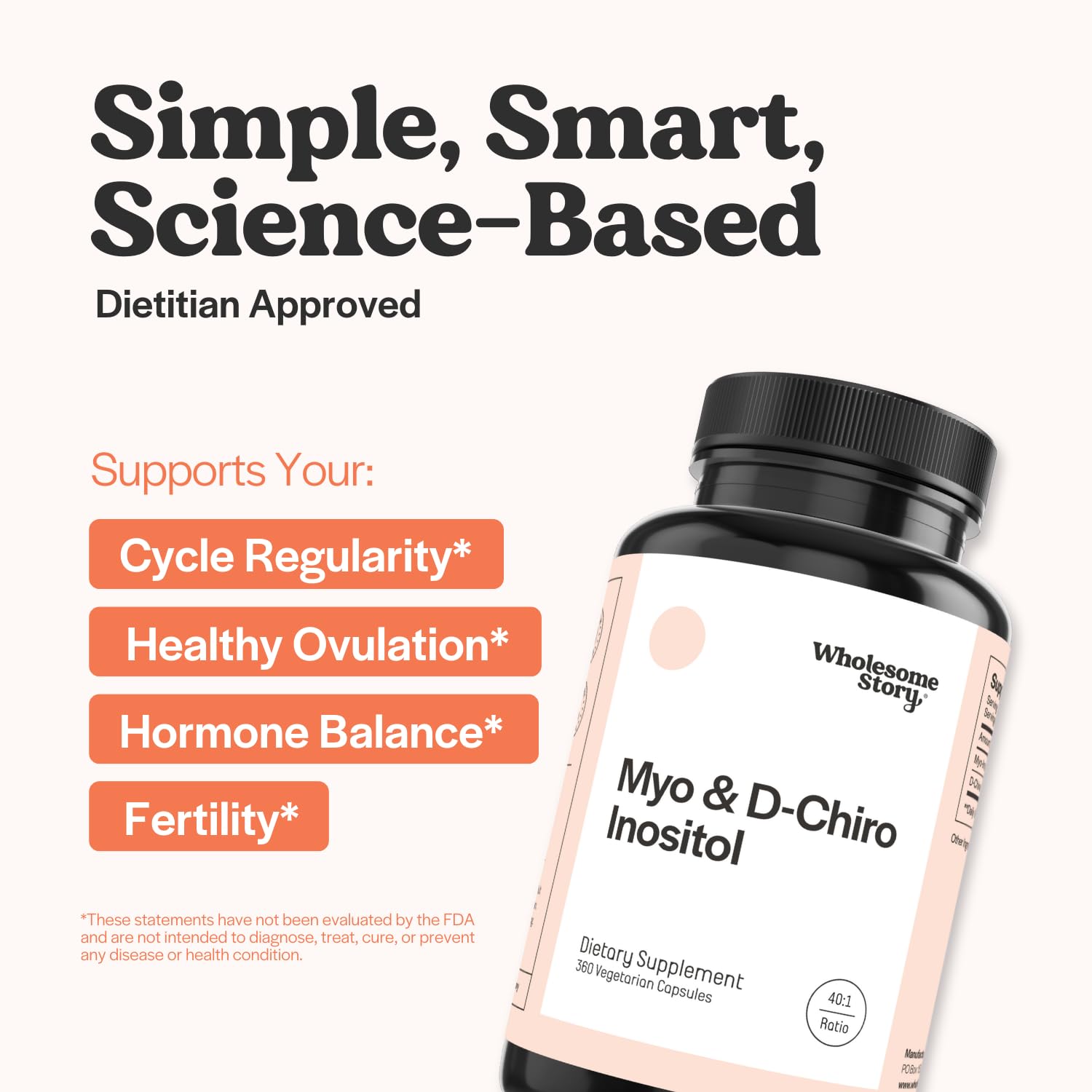 Wholesome Story D-Chiro Inositol bottle label highlights the 40:1 formulation.