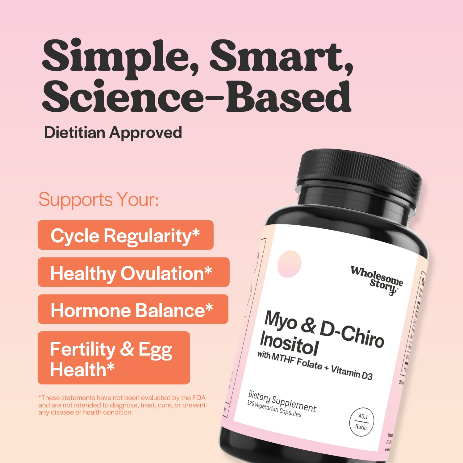 Wholesome Story D-Chiro Inositol capsules bottle for ovarian health.