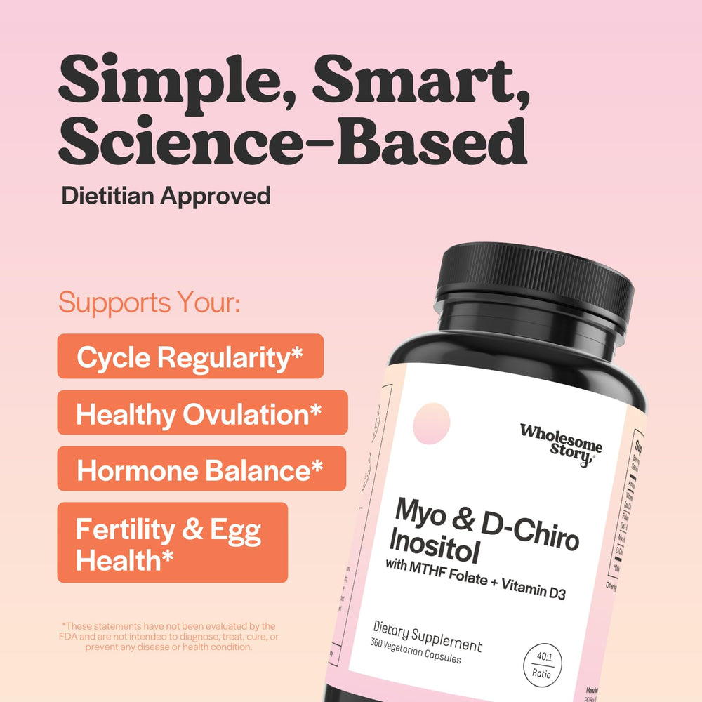 Wholesome Story Myo-Inositol and D-Chiro Inositol label emphasizing vegan and bioavailable folate