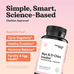 Wholesome Story Myo-Inositol and D-Chiro Inositol label emphasizing vegan and bioavailable folate