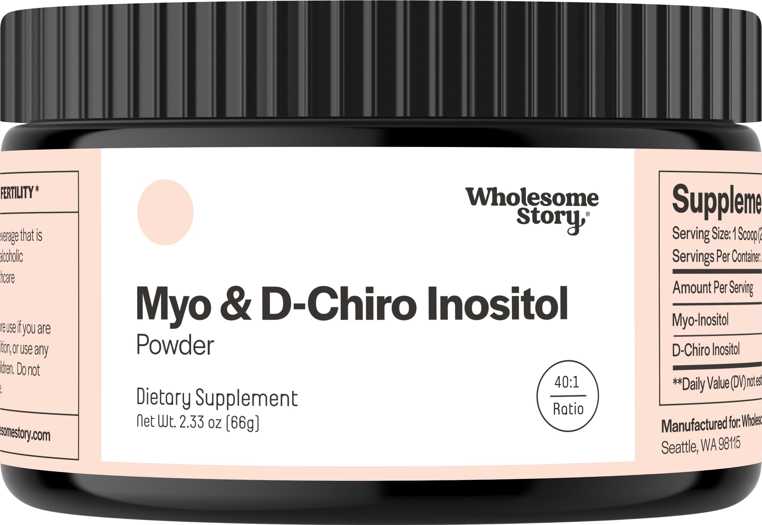 Wholesome Story Myo-Inositol and D-Chiro Inositol powder bottle for easy daily use for hormonal balance.