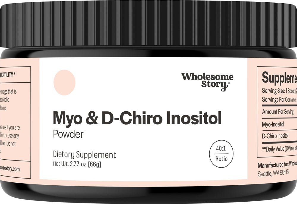 Wholesome Story Myo-Inositol and D-Chiro Inositol powder bottle for easy daily use for hormonal balance.