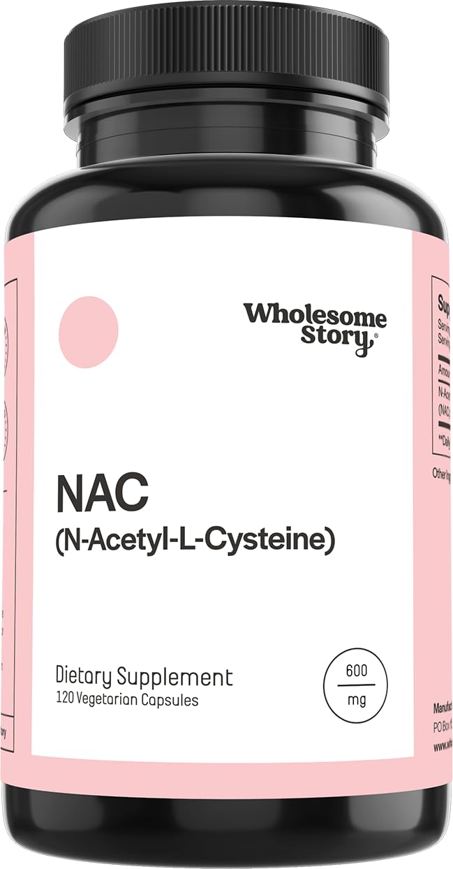 Wholesome Story NAC 600 mg bottle pour showing capsule release for daily antioxidant support