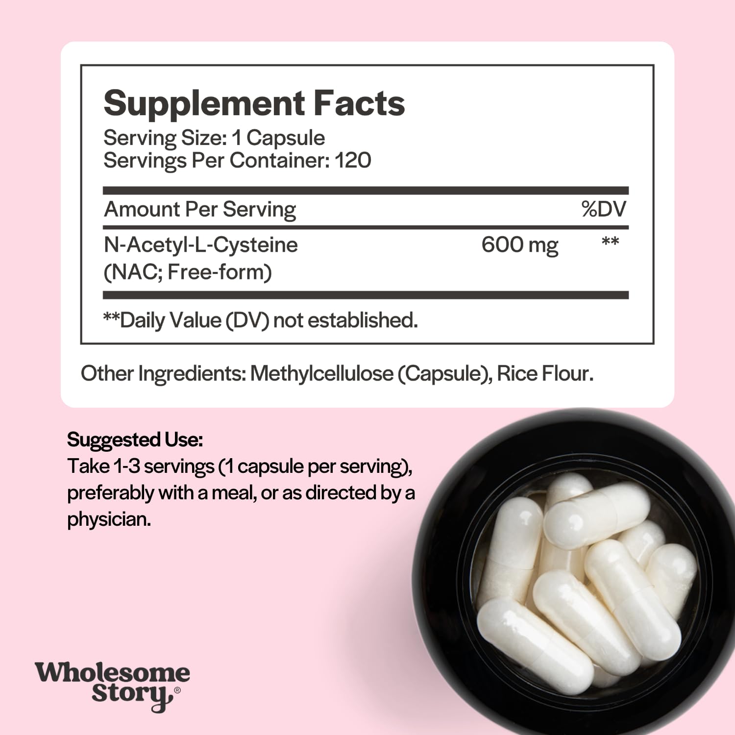 Wholesome Story NAC 600 mg label closeup highlighting vegan capsules