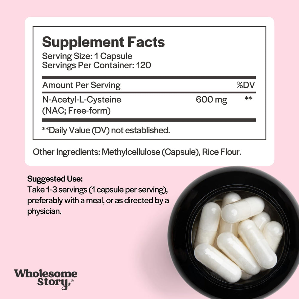 Wholesome Story NAC 600 mg label closeup highlighting vegan capsules