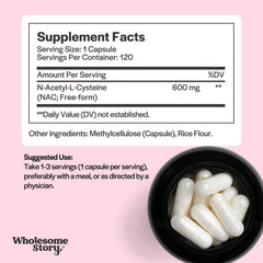 Wholesome Story NAC 600 mg label closeup highlighting vegan capsules