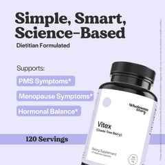 Wholesome Story Vitex label close-up emphasizing chasteberry benefits for hormonal comfort