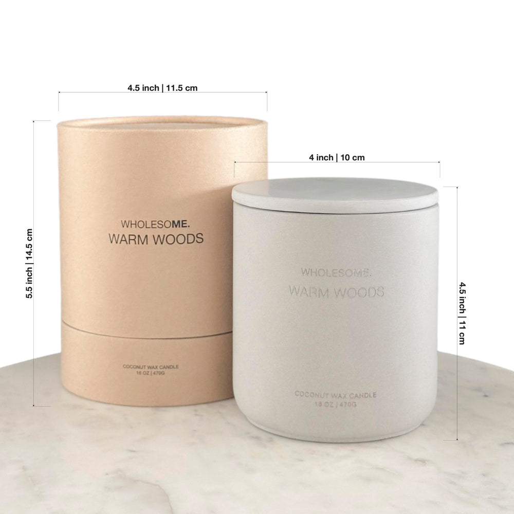 Label highlights sandalwood notes on Wholesome Warm Woods for a natural feel.