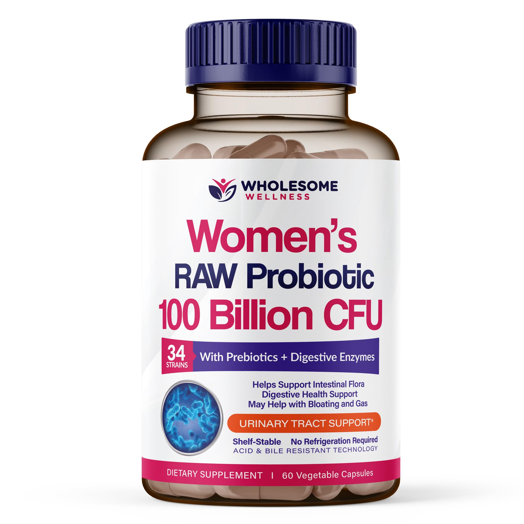 Wholesome Wellness bottle of Dr. Formulated Raw Probiotics for women supports gut balance.