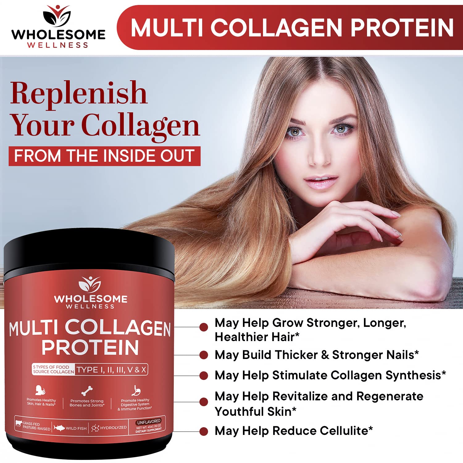 Wholesome Wellness easy-mixing collagen dissolves in water or drinks.