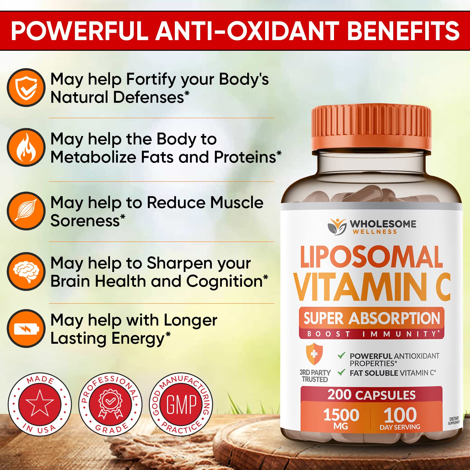 Wholesome Wellness Liposomal Vitamin C bottle-side view with packaging