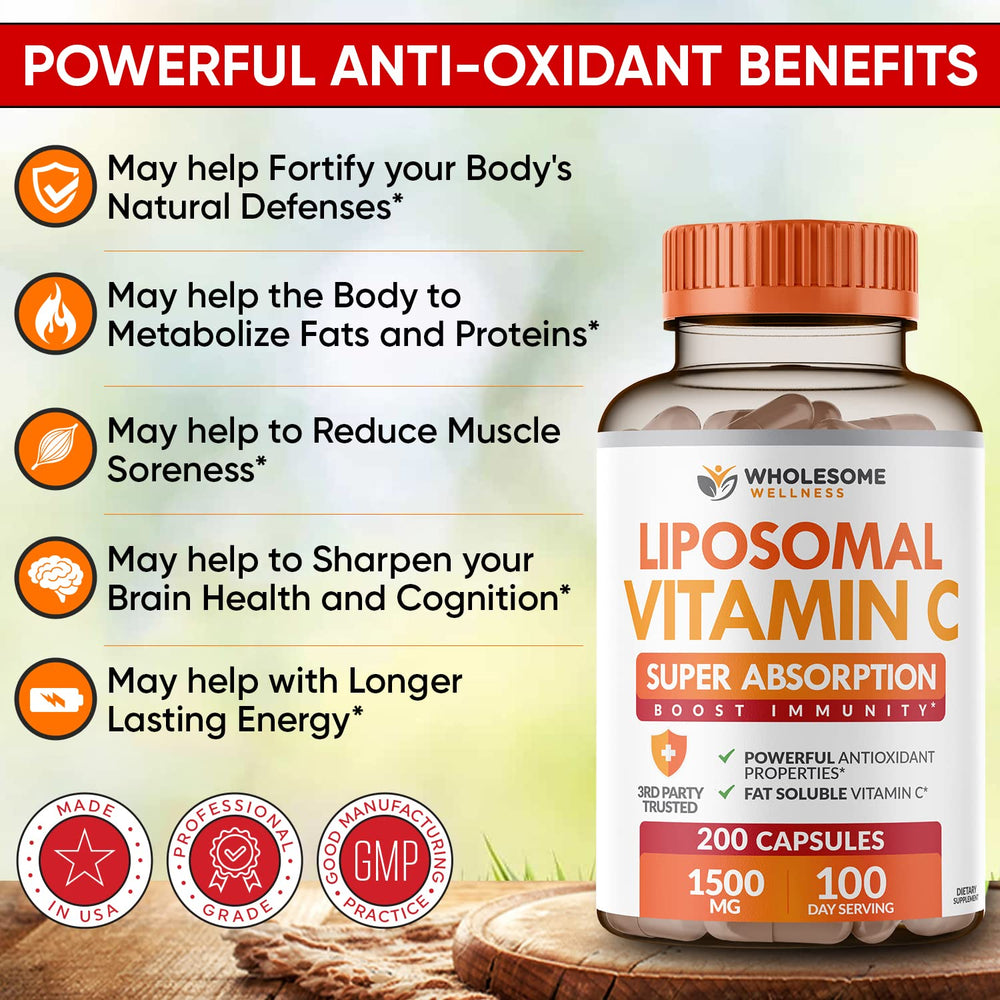 Wholesome Wellness Liposomal Vitamin C bottle-side view with packaging