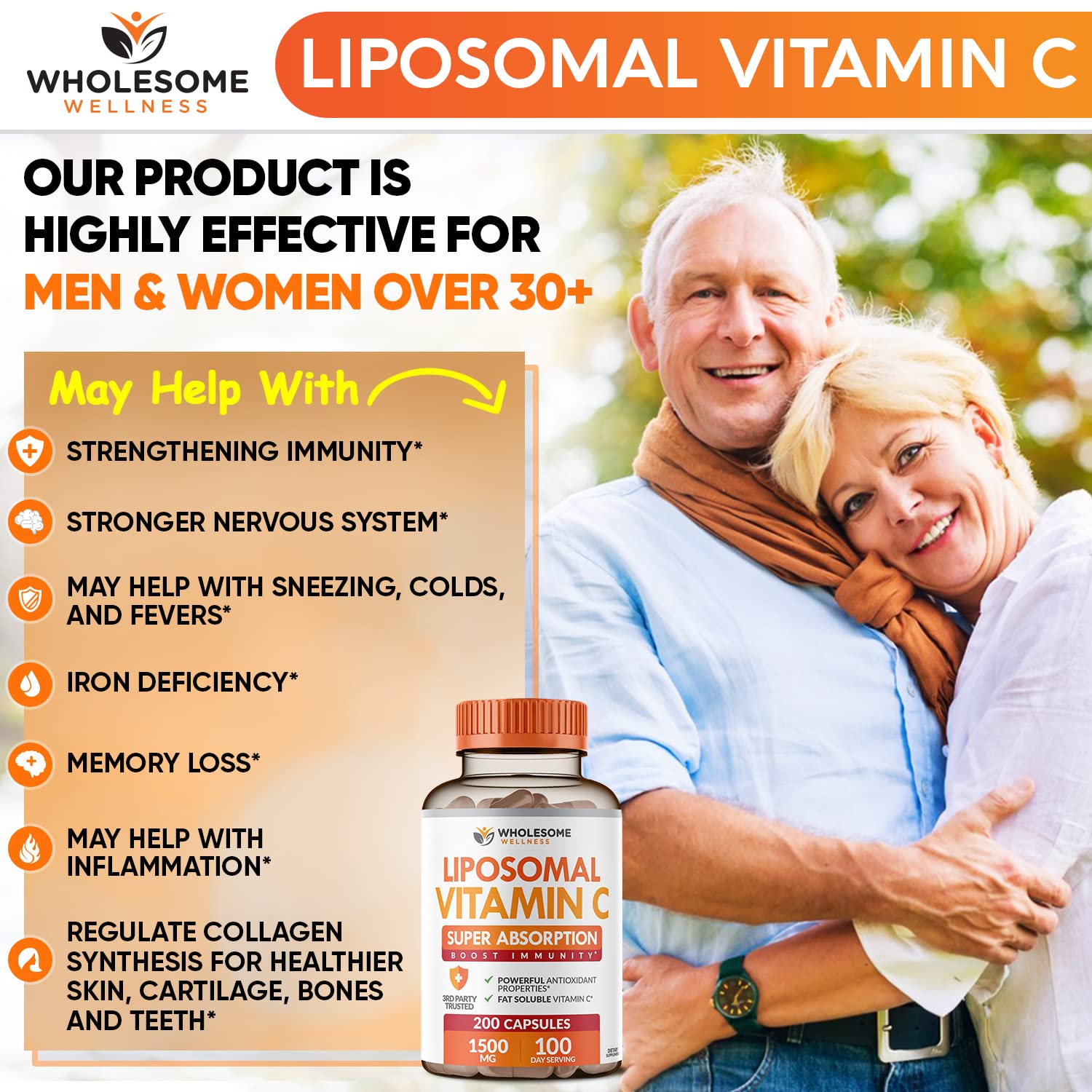 Wholesome Wellness Liposomal Vitamin C label-closeup highlighting non-GMO and vegan