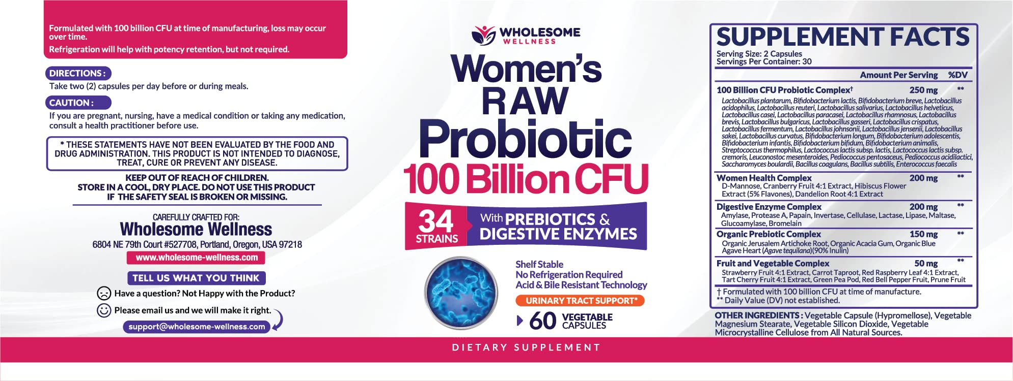 Wholesome Wellness probiotic blend with 34 strains shown in bottle for broad gut support.