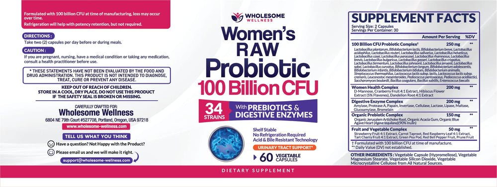 Wholesome Wellness probiotic blend with 34 strains shown in bottle for broad gut support.