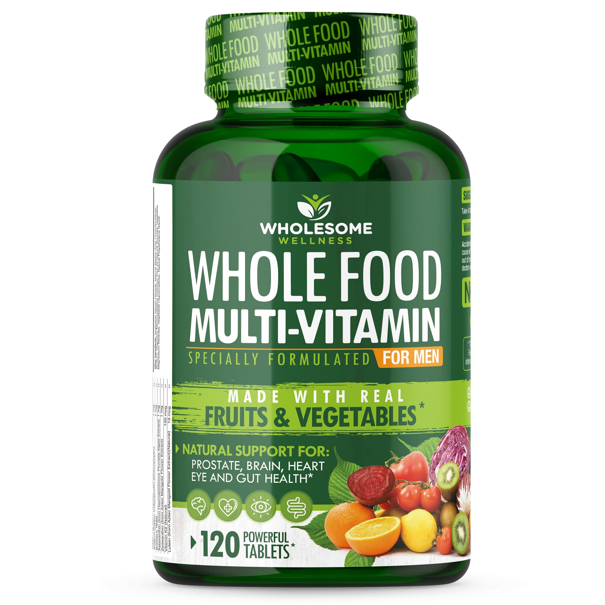 Wholesome Wellness Whole Food Multivitamin for Men bottle front view with daily nutrition in mind