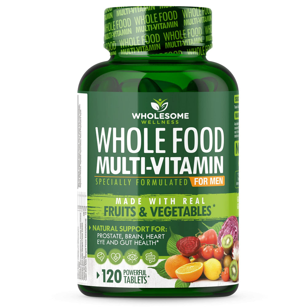 Wholesome Wellness Whole Food Multivitamin for Men bottle front view with daily nutrition in mind