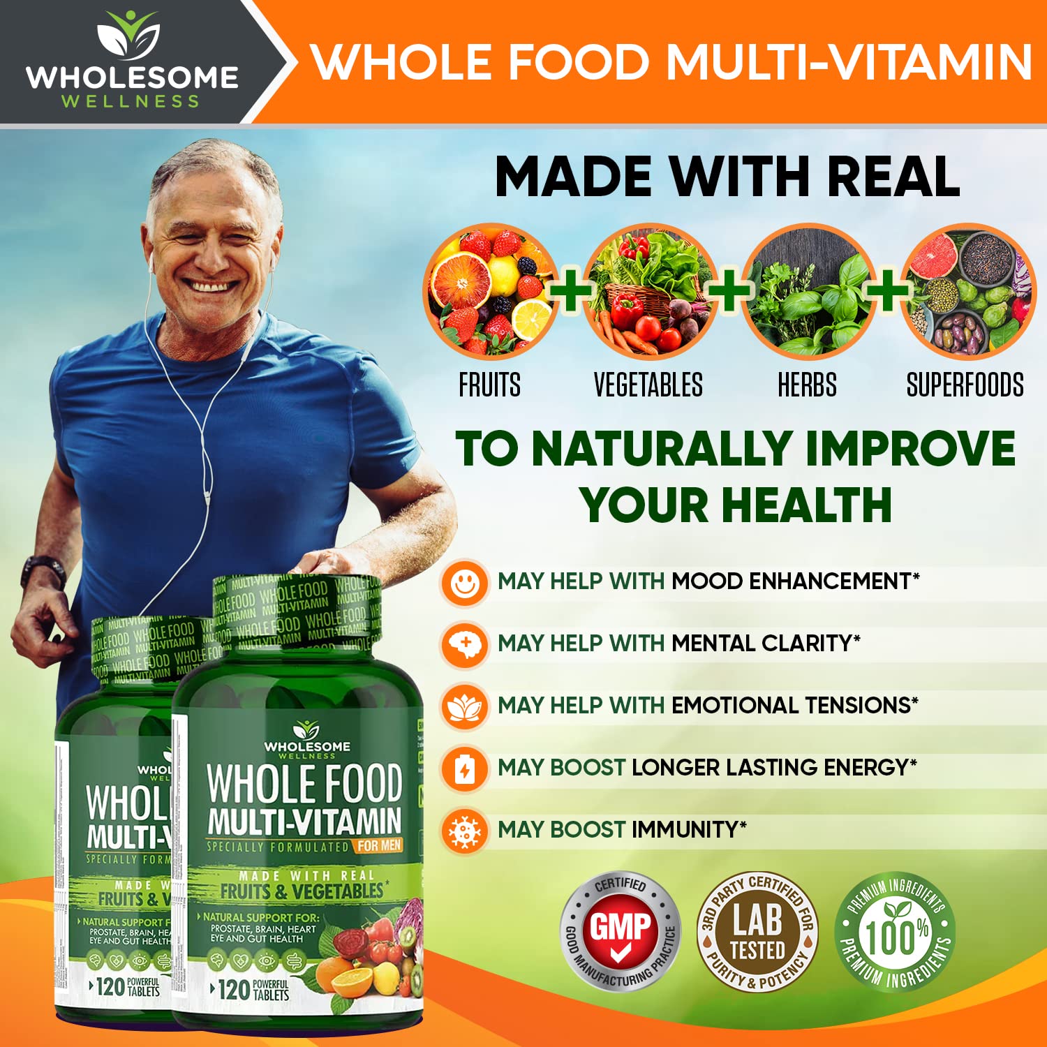 Wholesome Wellness tablets close-up emphasizing natural whole-food nutrients and easy-to-swallow tablets