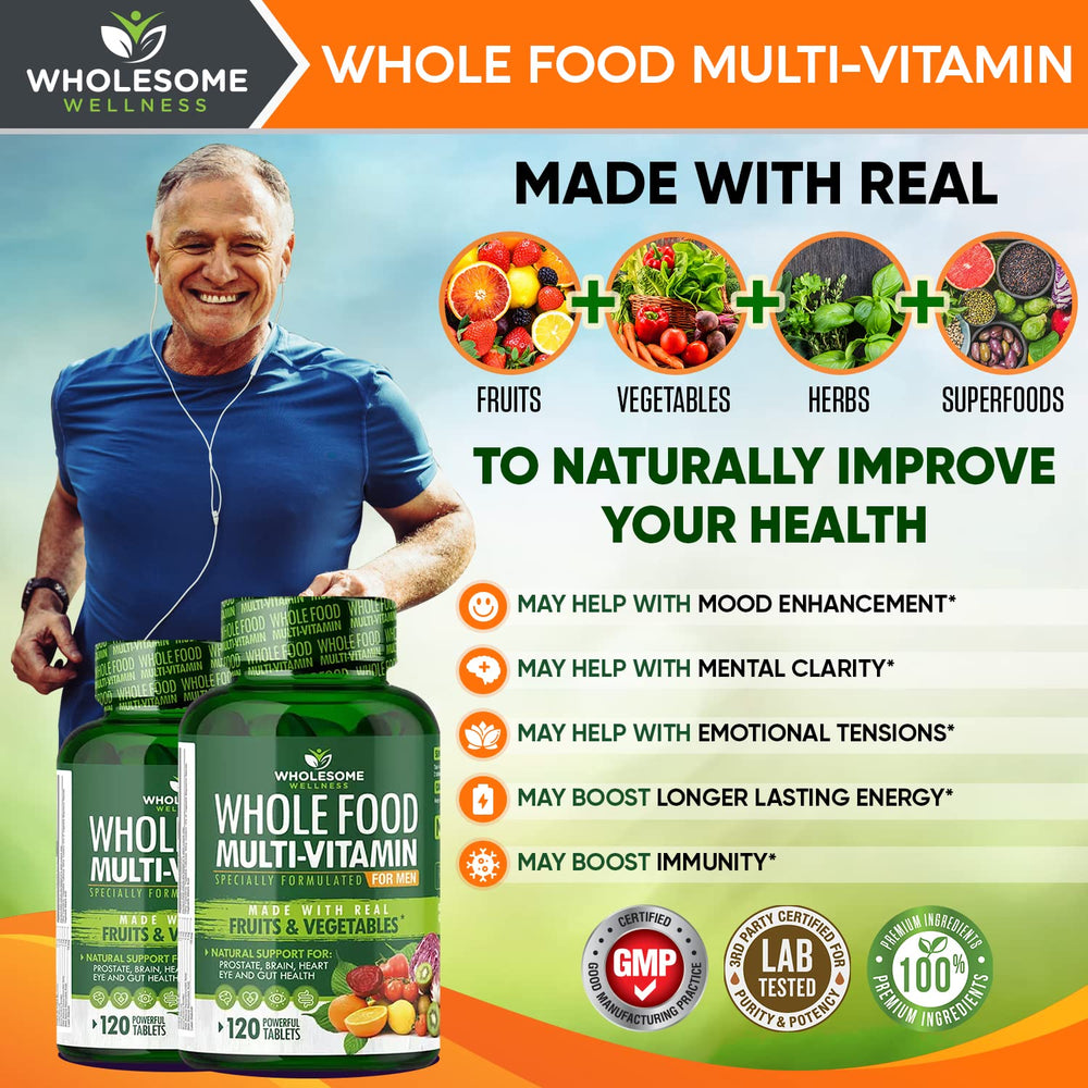 Wholesome Wellness tablets close-up emphasizing natural whole-food nutrients and easy-to-swallow tablets
