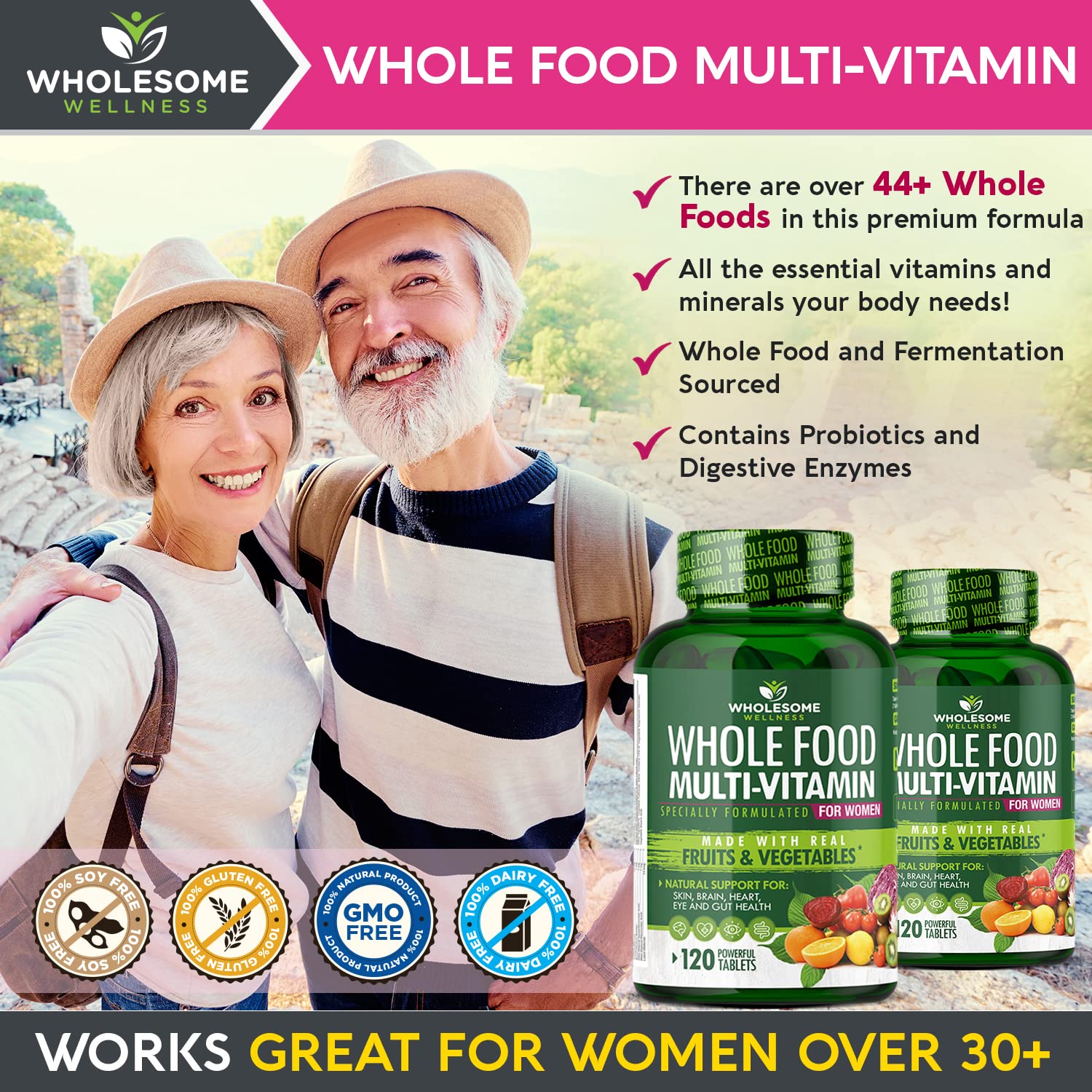 Wholesome Wellness ingredients graphic highlights 50+ whole-food components.