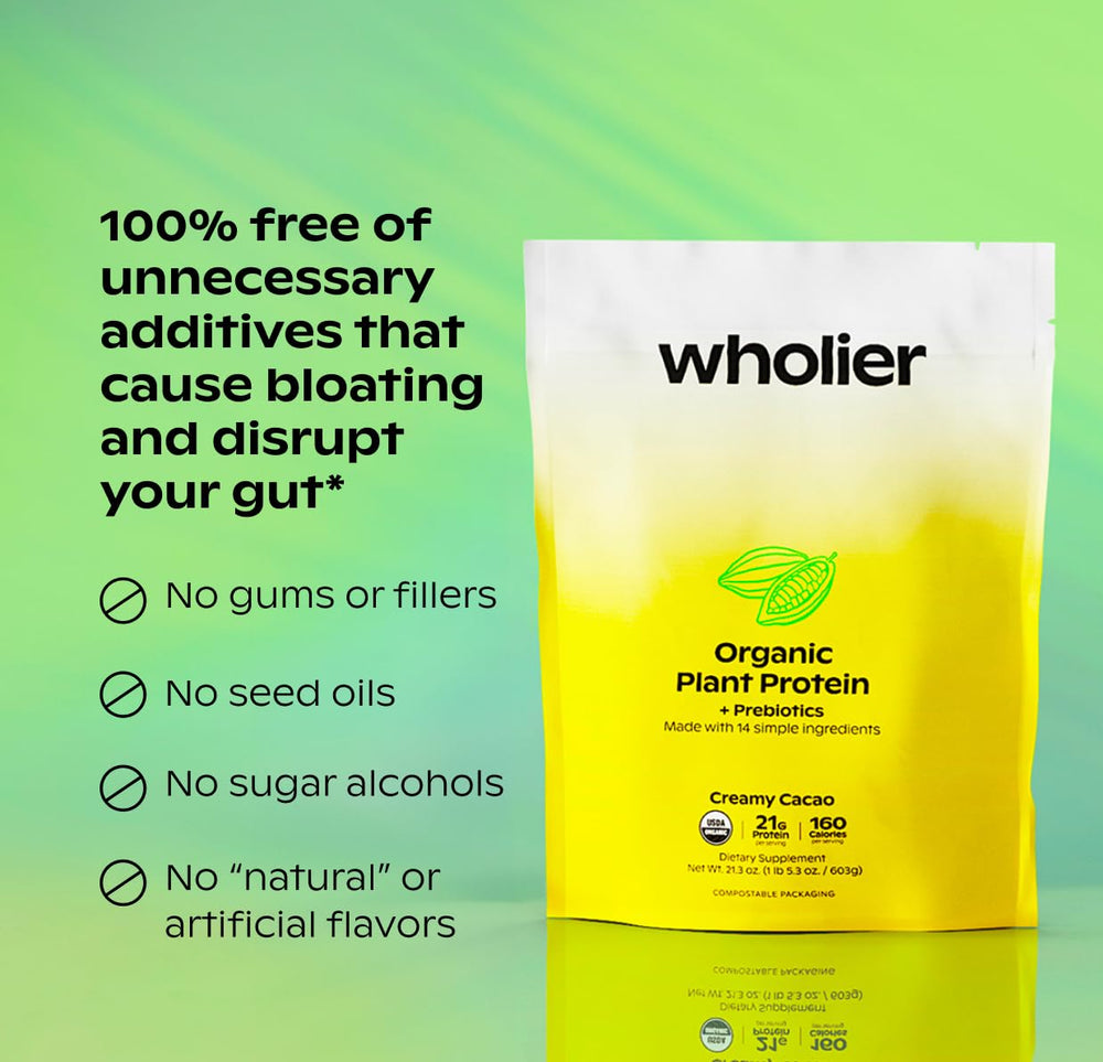 Wholier Organic Plant Protein five-protein blend ready for smoothies