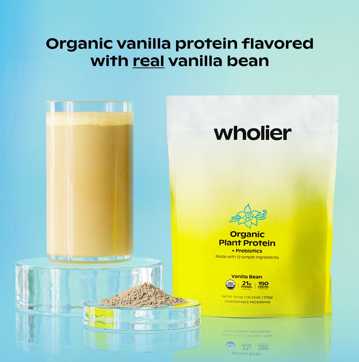 Wholier Organic Plant Protein vanilla bean swirl in a drink