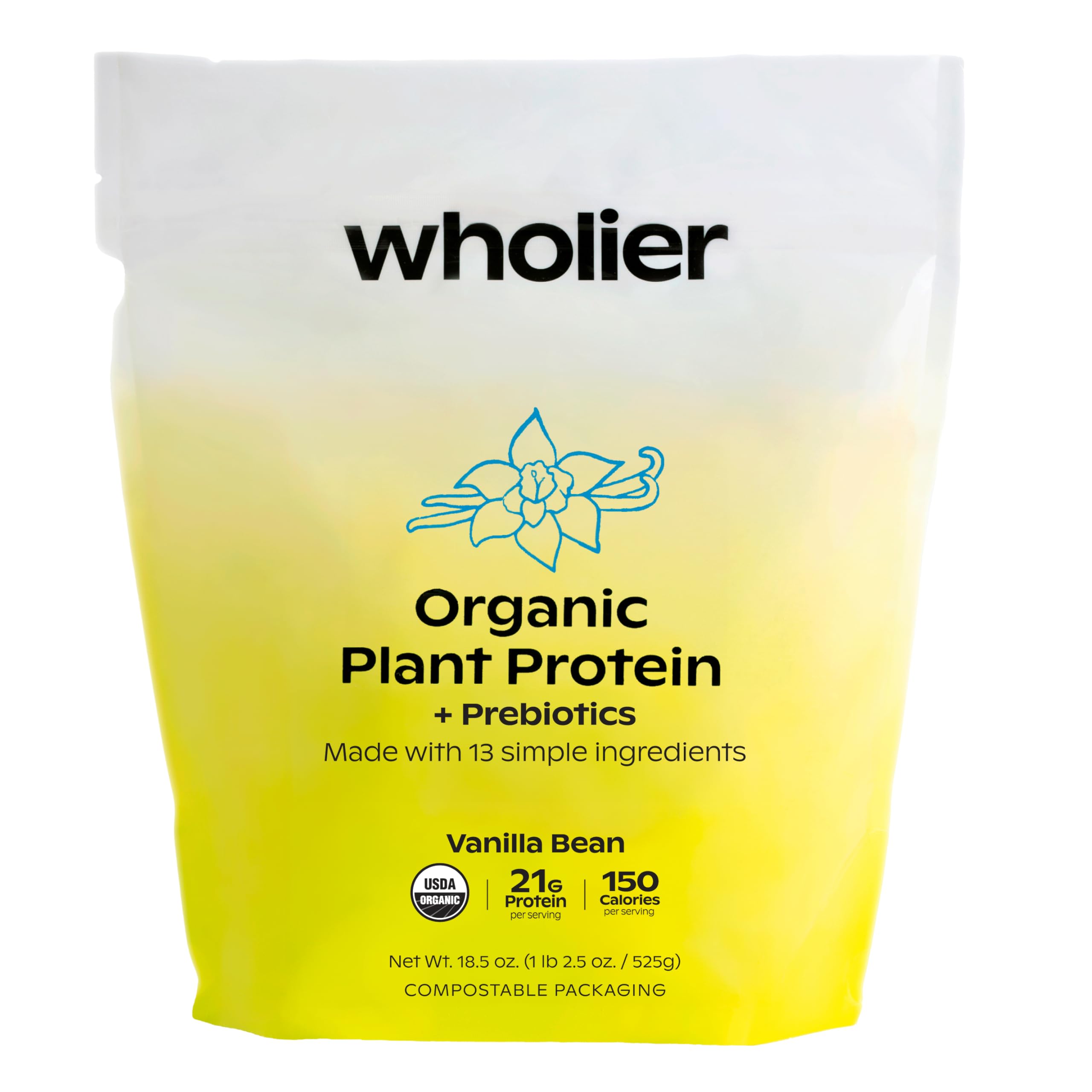 Wholier Organic Plant Protein vanilla powder bottle shows clean ingredients for shakes