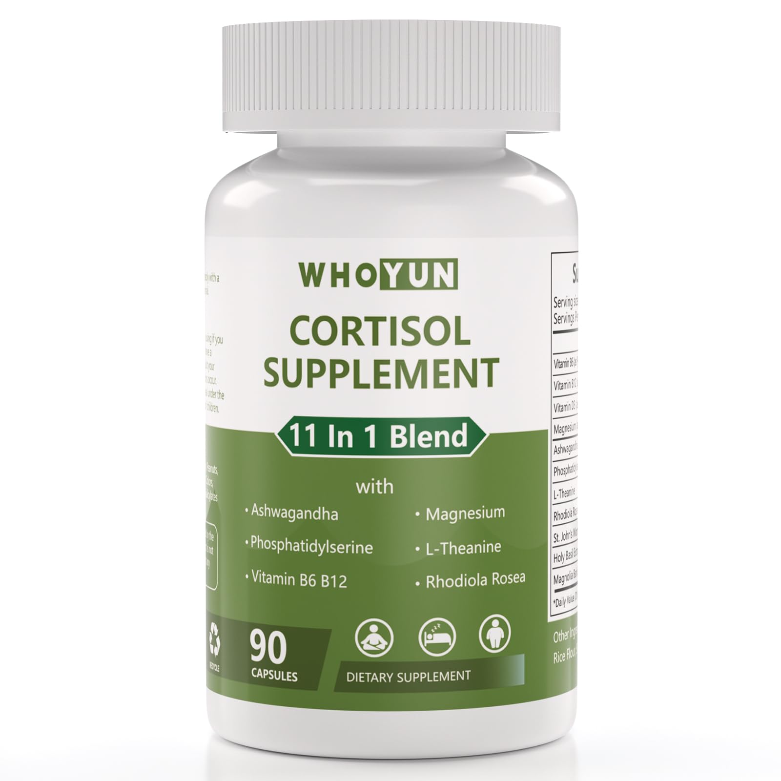 Whoyun Cortisol Supplement bottle front view for daily balance and calm