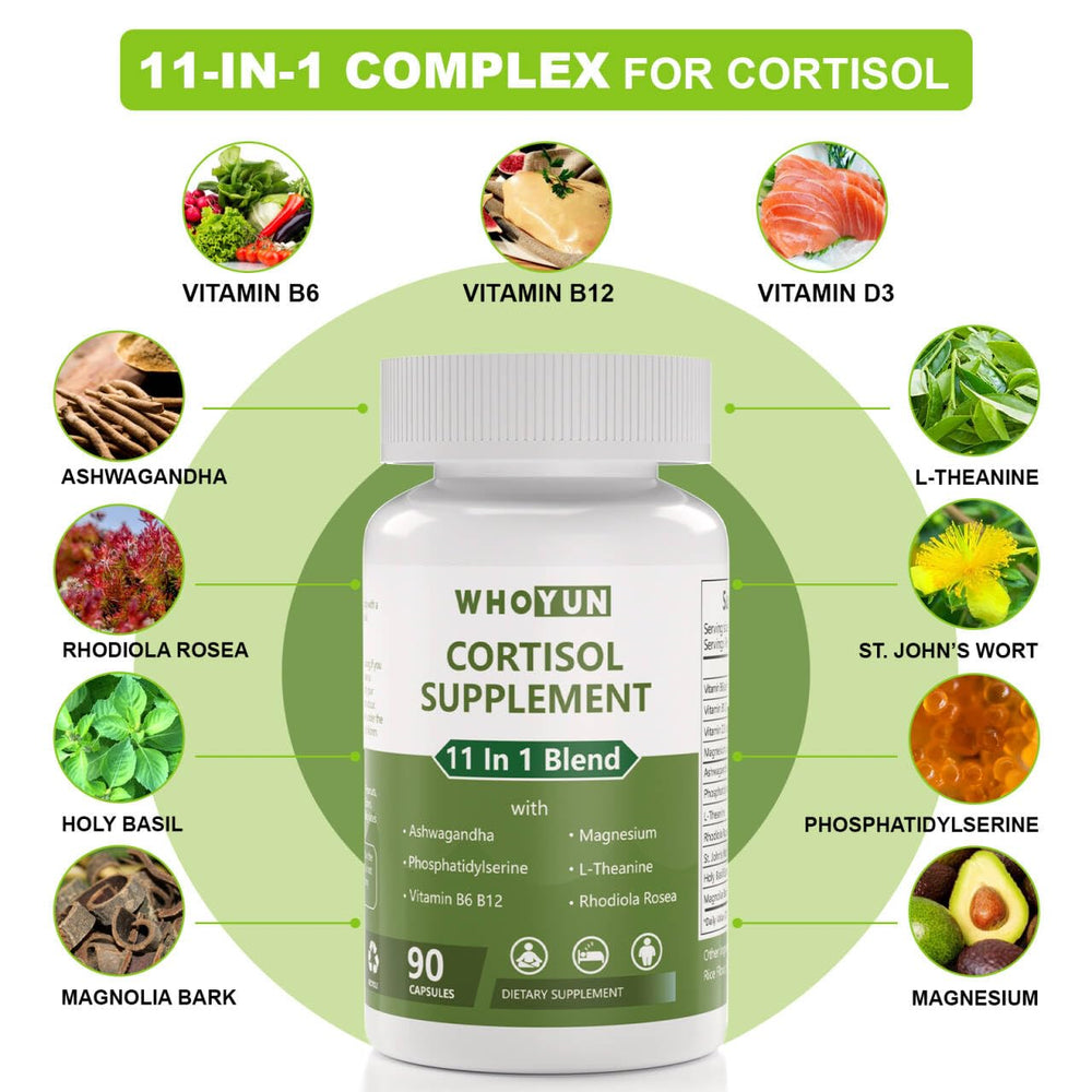Whoyun Cortisol Supplement capsules close-up for easy daily intake