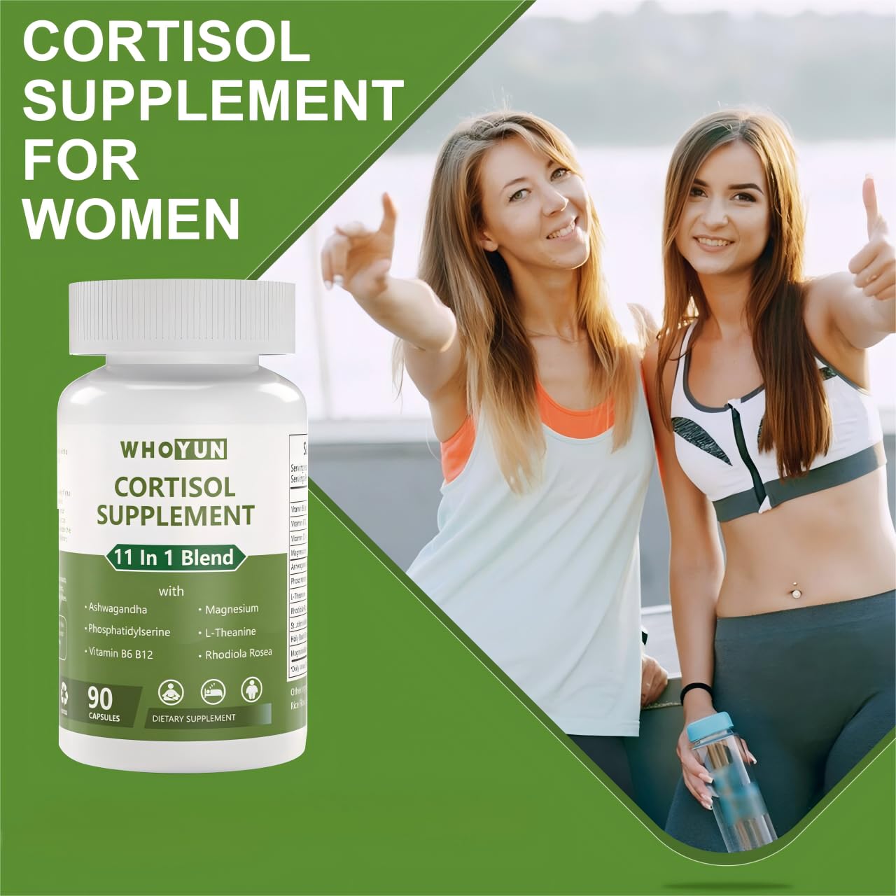 Whoyun Cortisol Supplement ingredient panel close-up shows key components