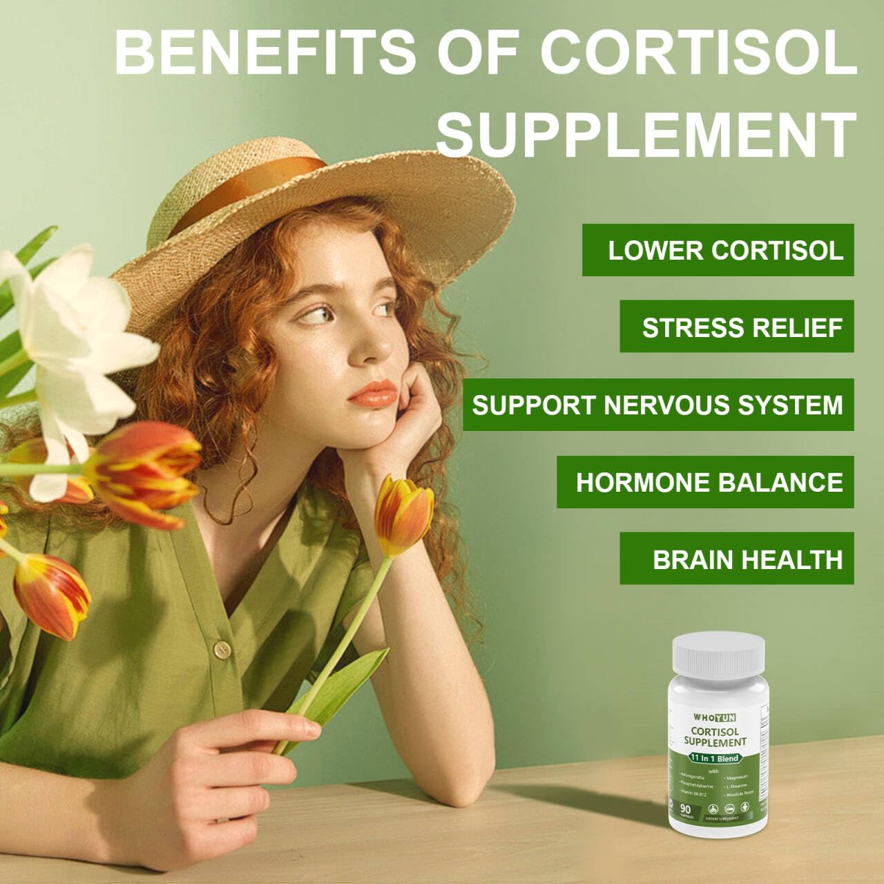 Whoyun Cortisol Supplement packaging on desk in a morning routine
