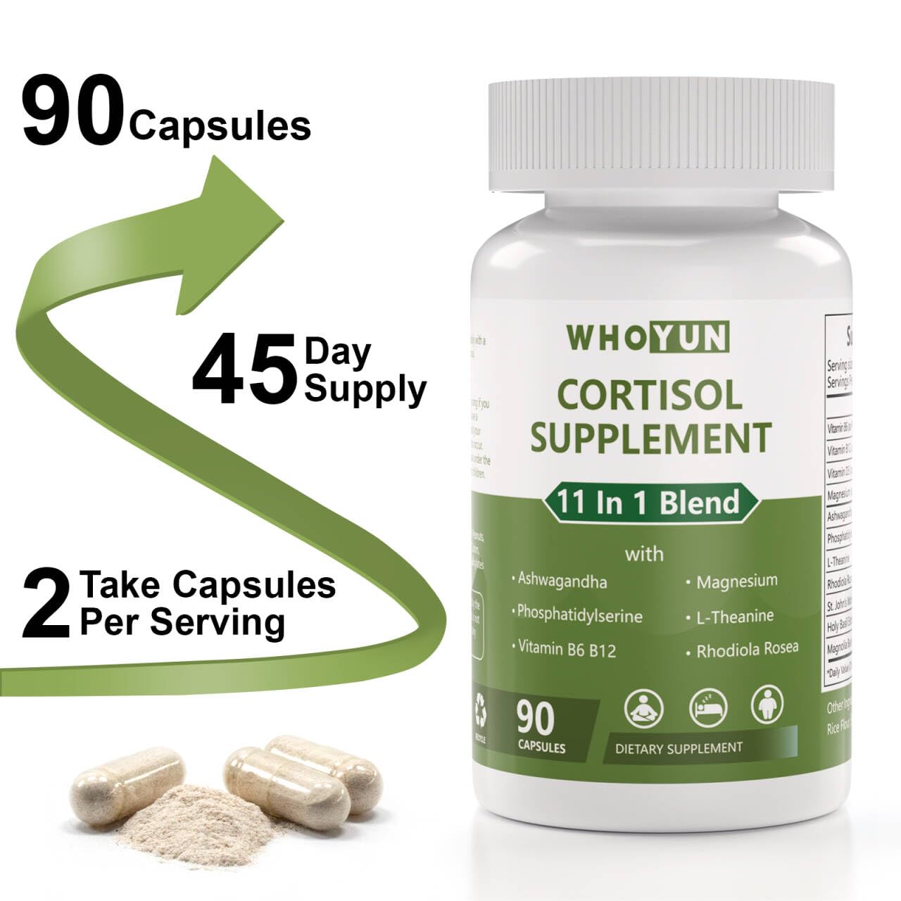 Whoyun Cortisol Supplement vegan gluten-free badge on the label