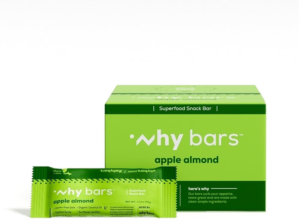 Why Bars Apple Almond bar packaging showcases a convenient, protein-rich snack.