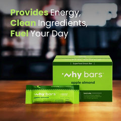 Why Bars Apple Almond organic gluten-free icon emphasizes healthy snacking options.