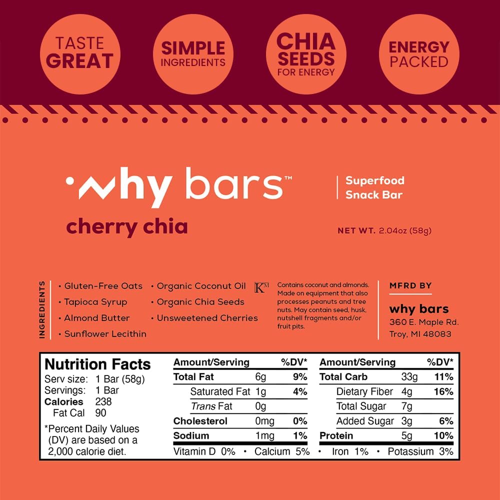 Why Bars Cherry Chia bar ingredients closeup showing chia and fruit for clean energy