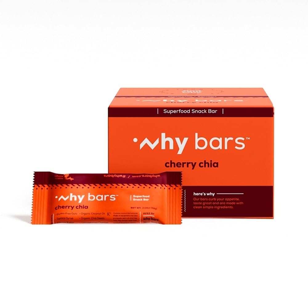 Why Bars Cherry Chia bar pack shot highlighting vegan, organic ingredients for active days